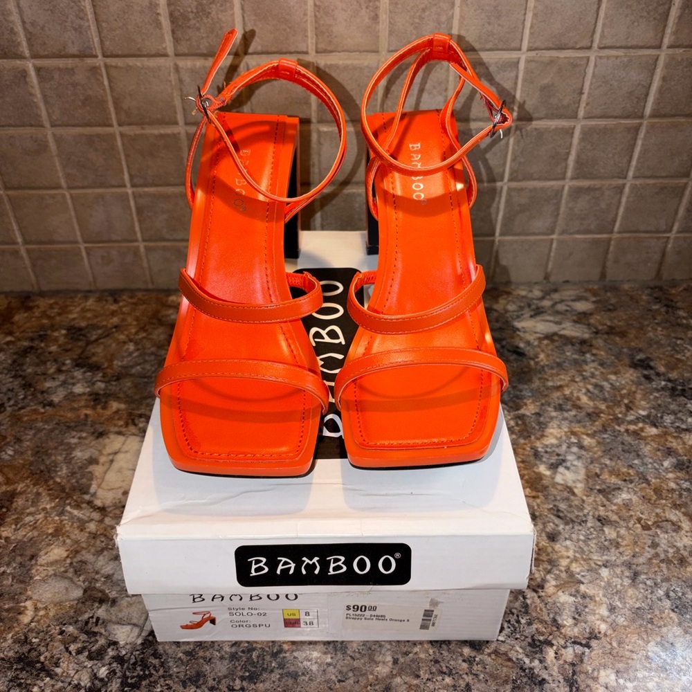 BAMBOO Women's Bright Orange Strappy Heels Size 8 - Picture 1 of 4